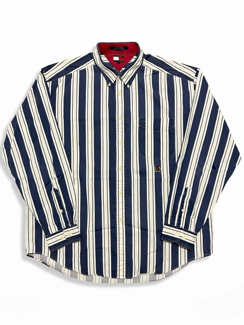 Tommy Hilfiger Vintage 90s Striped Crest Logo Button-Down Shirt Blue & White XL